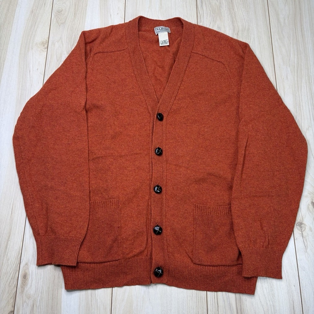 LL Bean Mens Lambswool Lightweight Cardigan Sweater Size XL Orange Walnut Button